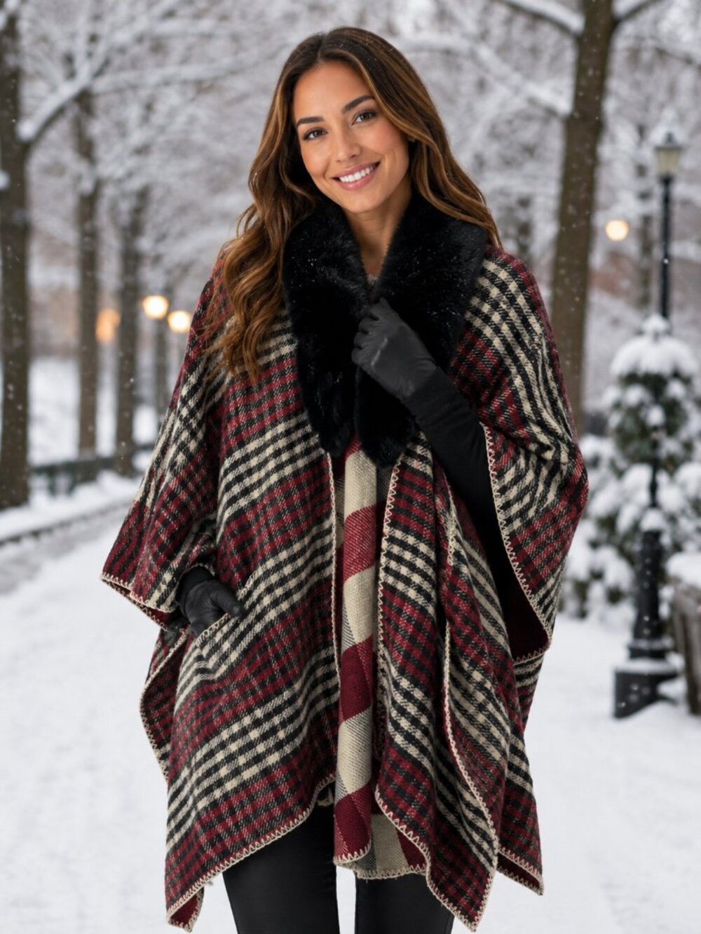 Jones New York Plaid Poncho with Black Faux Fur Collar